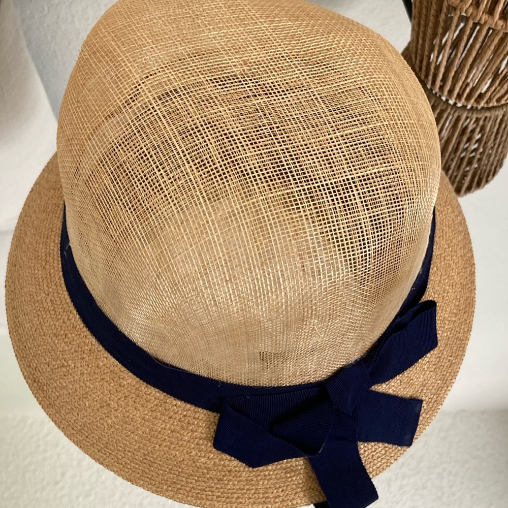 European Designer Beige Hat with Navy Blue Ribbon